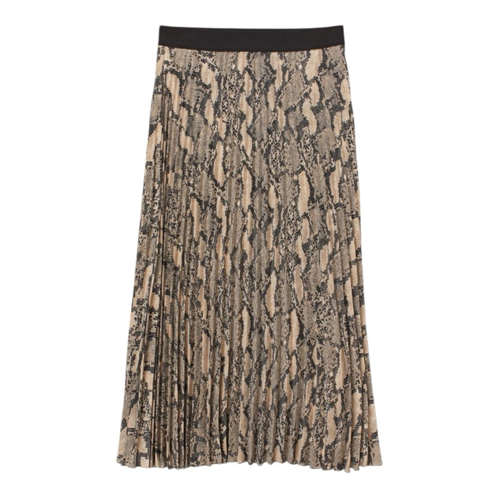 H&M Snakeskin Print Plisse Pleated Midi Skirt, L, Tan, Black & Grey